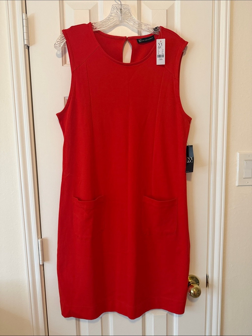 New York & Company Red Sleeveless Shift Dress with Front Pockets